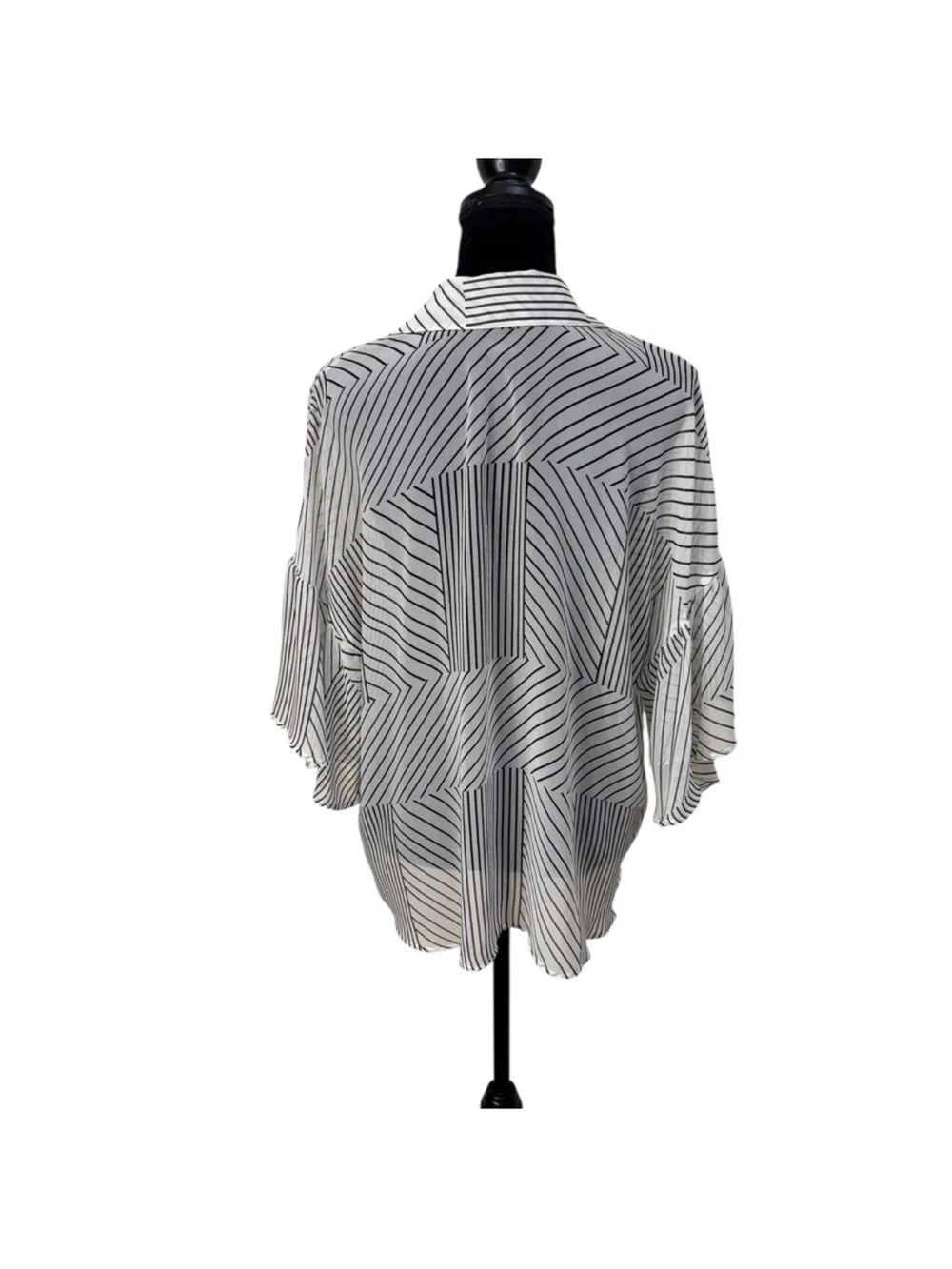 CABi contemporary white black striped button down blouse bell sleeve size large - Picture 7 of 13
